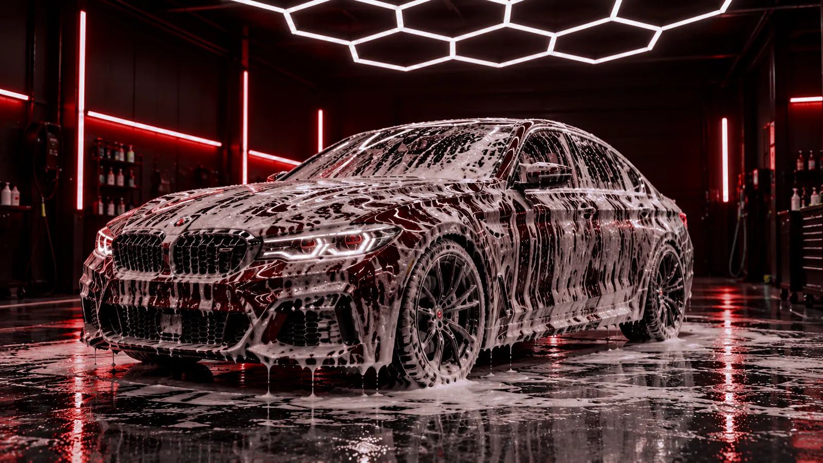Das Auto voller Shampoo-Schaum in der Halle