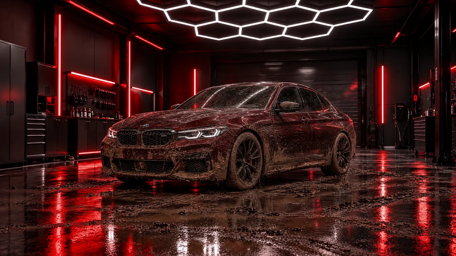 Vorher: der rote BMW voller Schlamm in der Halle
